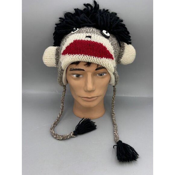 Sock Monkey Knit Hat With Ear Flaps & Fleece Lining For Adults Or Teens - Picture 1 of 6